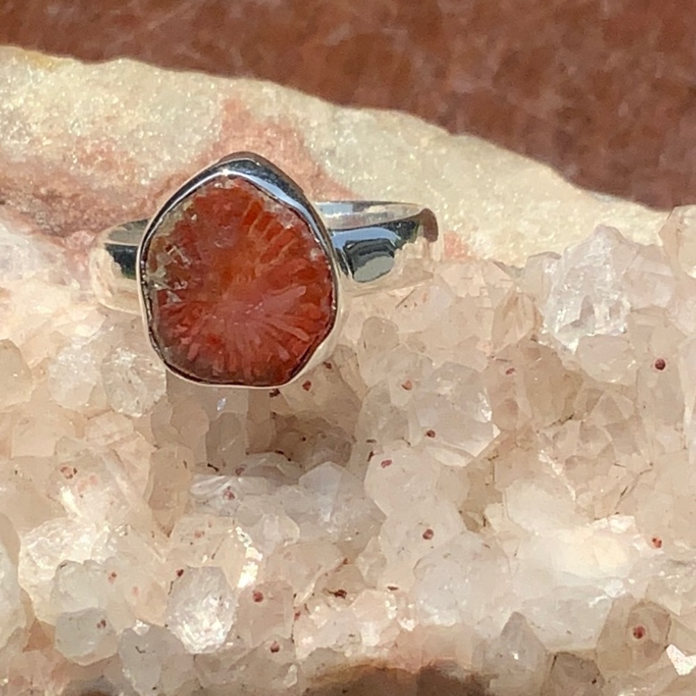 NATURAL RED HORN CORAL 925 STERLING SILVER RING, SIZE 6.75